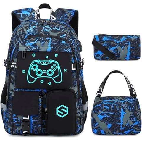 Scothen Boys Backpack, Cool Luminous School Backpacks for Boys with Lunch Bag Pencil Case, Kids Backpack Kindergarten Elementary Middle School Book Bags for Teen Boys Children with USB Charging Port Cover