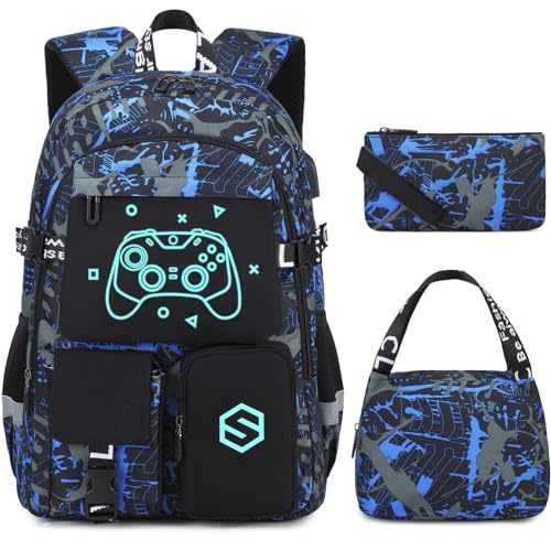 Scothen Boys Backpack, Cool Luminous School Backpacks for Boys with Lunch Bag Pencil Case, Kids Backpack Kindergarten Elementary Middle School Book Bags for Teen Boy Children with USB Charging Port by Scothen - Used condition - US$21.44