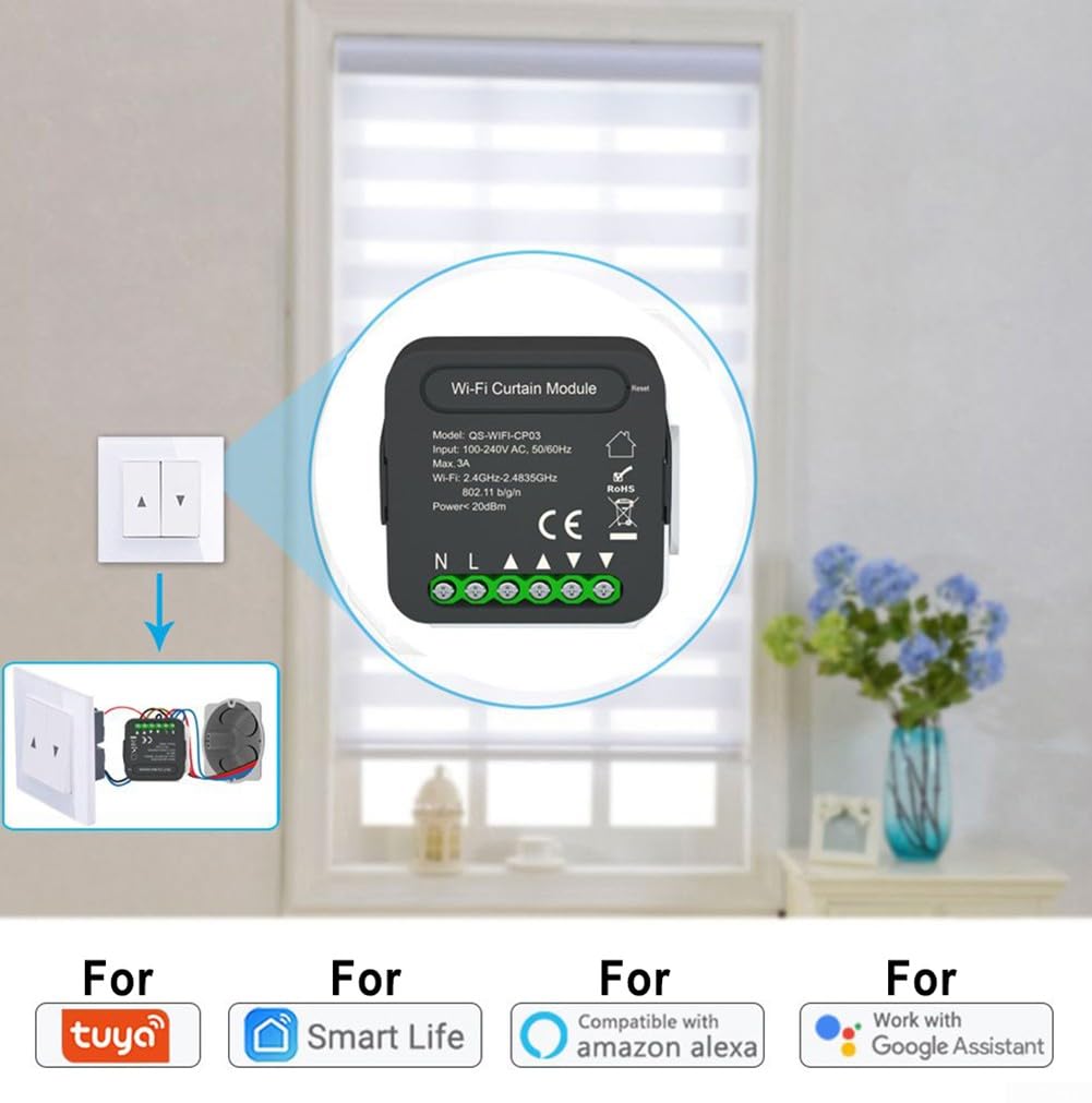 DAZZLEEX WiFi Smart Curtain Swtich, Smart Curtain Switch Modul - APP Fernbedienung - Sprachsteuerung - Timing-Funktion - Familienfreigabe - 100-240V AC