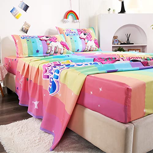 Adasmile A & S Unicorn Sheets Twin Size For Girls Rainbow Unicorn Bedding Set Magical Unicorn Fitted Sheet Pink Hair Cartoon Unicorn Bed Set With 1 Flat Sheet 1 Fitted Sheet 1 Pillow Case Home Decor #TOP3