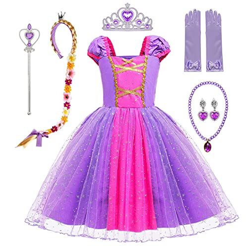 Deguisement Princesse Fille 7 8 ans Robe Princesse Fille Anniversaire Robe Raiponce Costume Princesse Fille Enfant Cosplay Tulle Robe de Noel Carnaval Fête avec Couronne Princesse Baguette Magique Cover