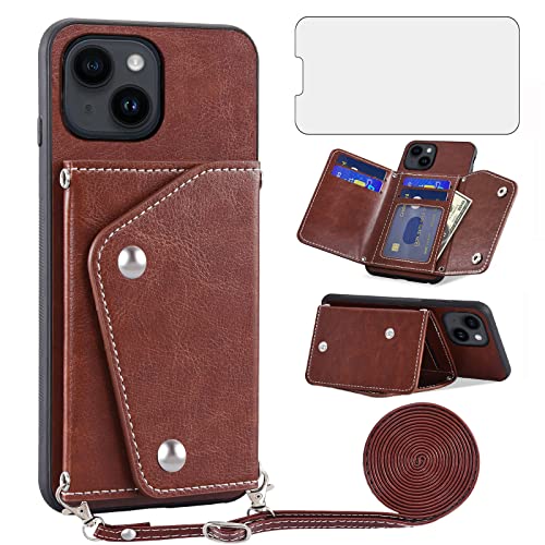 Coque iPhone 14 marron avec sangle en cuir et verre trempé inclus