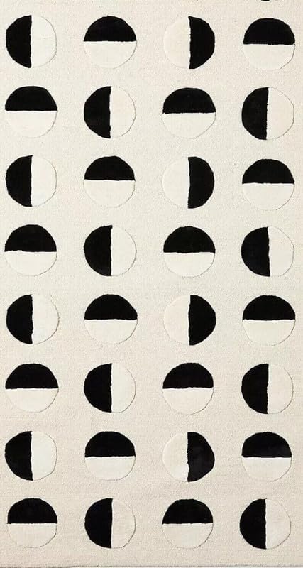Modern Abstract Geometric Circle Area Rug 9x12 ft | Hand Tufted Black & White Contemporary Carpet