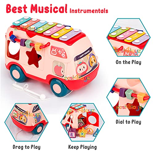 Image of Zest 4 Toyz Musical Bus Toy for Kids Xylophone Piano Keyboard with Shape Sorter Blocks Musical Toy for Kids Activity Learning Educational Toys Musical Instrument for Toddlers Boys Girls 18 Months+