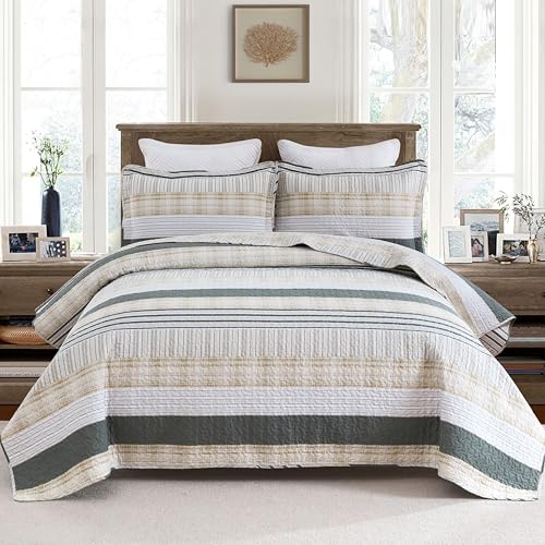 Image of Homzard Quilts Queen Size - Cotton Queen Size Comforter Sets,Beige Grey Cotton Bedding,Striped Plaid Comforter Bedspread (90 * 98 Inches),3 Piece