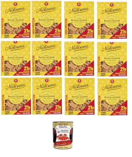 La Molisana, Penne rigate con altramuces, tagliatelle de proteínas con harina de altramuz y sémola italiana de trigo duro – bronce – 12 x 400 gr + Polpa italiana gourmet 400 g