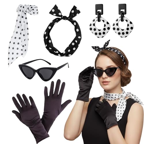 PDirat 5 Stück Rockabilly Accessoires, 50er Jahre Outfit Damen mit Schal, Stirnband, Katzen Auge Brille, Handschuhen und Ohrringen, Perfektes für...