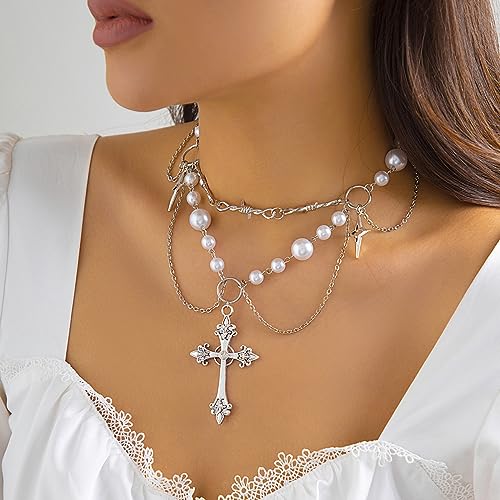Vintage Pearl Cross Necklace - Floral Gothic Layered Choker - Gift for Women & Teens2