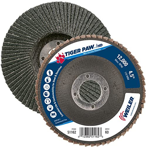 Image of Weiler 51162 Tiger Paw XHD Super High Density Abrasive Flap Disc, Type 27 Flat Style, Phenolic Backing, Zirconia Alumina, 4-1 /2 inch Diameter, 7 /8 inch Arbor, 60 Grit, 12000 RPM (Pack of 10)
