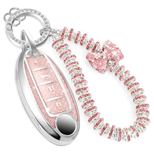 Image of for Nissan Key Fob Cover with Fashionable Zirconia Wristlet Keychain, Enchanting Diamond Patterns Soft Case for Murano Pathfinder Rogue Titan Versa (4 Button) (Pink, B)