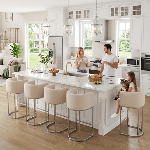 Image of HNY Modern Counter Height Linen Fabric Upholstered Counter Stool, 29 Inch Cream Kitchen Island Stool with Chrome Finish Metal Frame