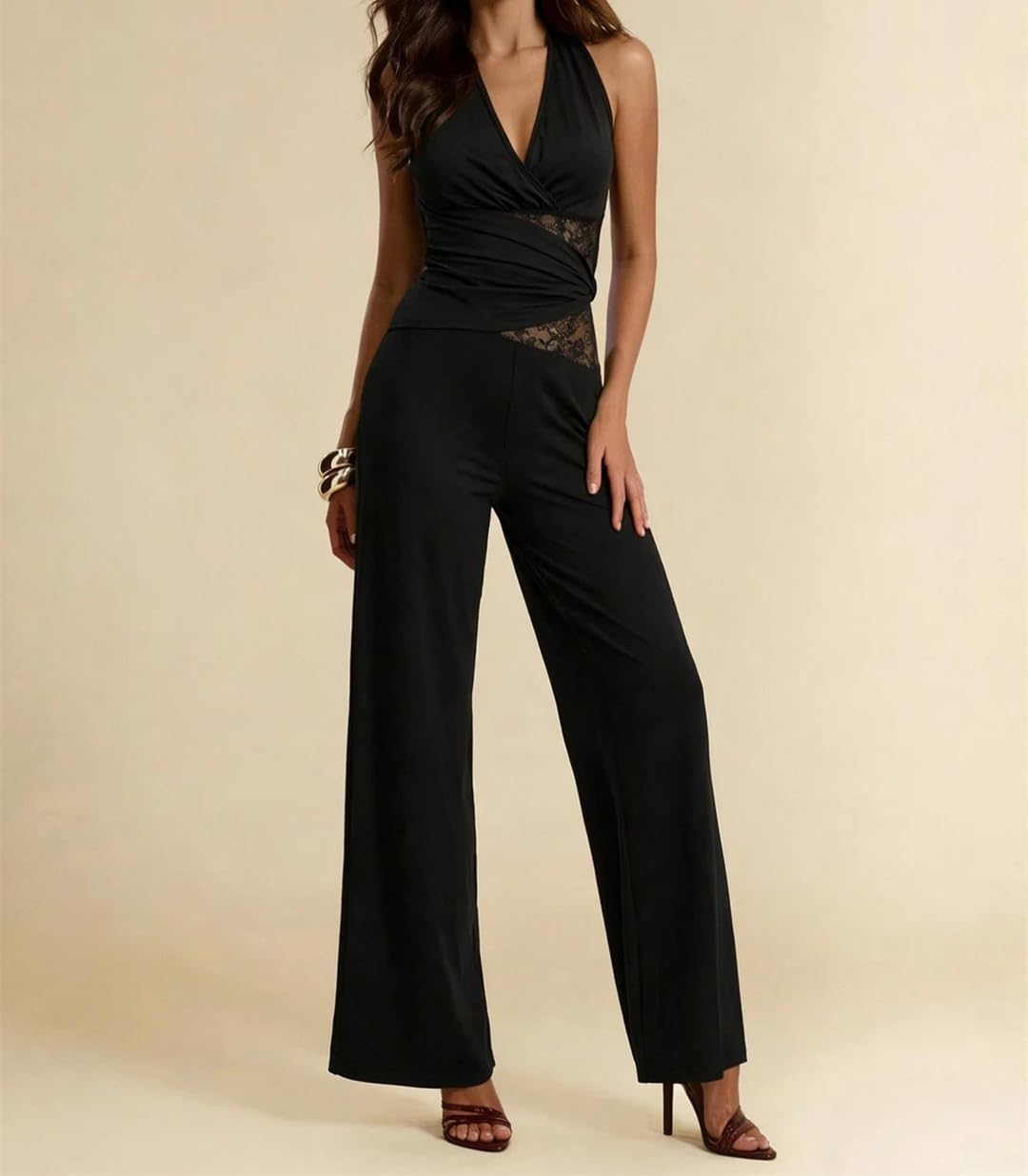 Yeuyyben Enterizo de encaje con cuello en V y pierna ancha para mujer, informal, elegante, para fiesta, verano
