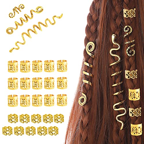 HIFOT Haar Dreadlocks Schmuck Gold, Dreadlocks Perlen Haarschmuck Damen Männer Verstellbar Metall Haar Geflecht Ringe für Zöpfe Dekorationen, 28 Stück Dreadlocks Zubehör Cover