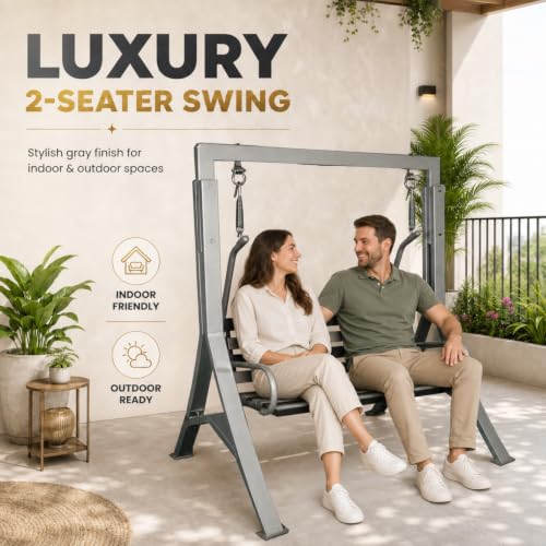 Image of Kaushalendra Indoor and Outdoor Metal Iron Swing with Hammock Chair 2-Seater Jhula, High-Strength Iron, 350 kg Capacity (Gray) | Beautiful, Comfortable Seating for Your Dream Home