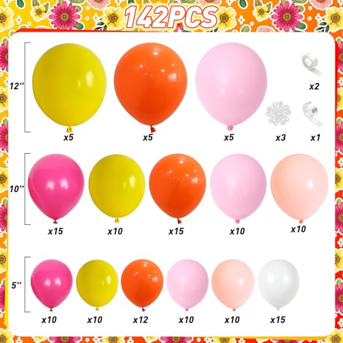 Image of Boho Daisy Balloons Arch Kit, 142Pcs Hot Pink and Orange Balloons Garland Kit 12 10 5 Inch Pink Orange Yellow Latex Balloons for Boho Girls Women Birthday Baby Shower Wedding Party Decoration