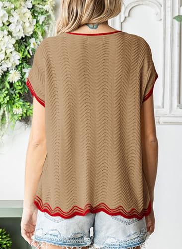 Image of Dokotoo Womens Summer Tops Casual Short Sleeve Wavy Crochet Crewneck Color Block Lightweight Knit Loose Pullover Sweaters