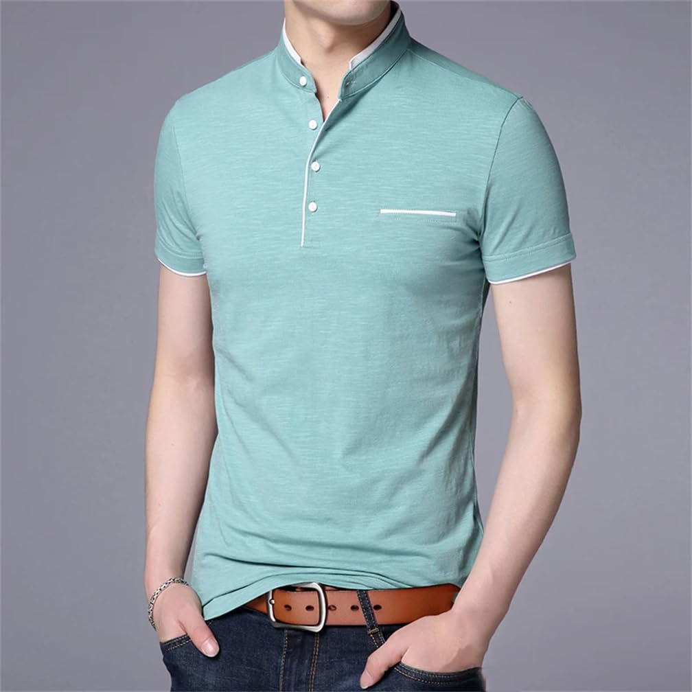 Męska koszulka ze stójką w jednolitym kolorze Slim Fit Button Casual T-Shirt Top