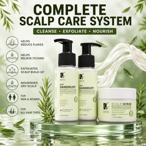Image of Ultimate Anti-Dandruff Kit -Scalp Scrub, Shampoo and Conditioner (combo) (150ml) | 2% Rosemary Oil, 5% Shea Butter, 2% Salicylic Acid, 0.3% Biotin |Exfoliates, Removes Dead Skin with Reduces Upto 98% Dandruff Helps With Itching For All Hair Type