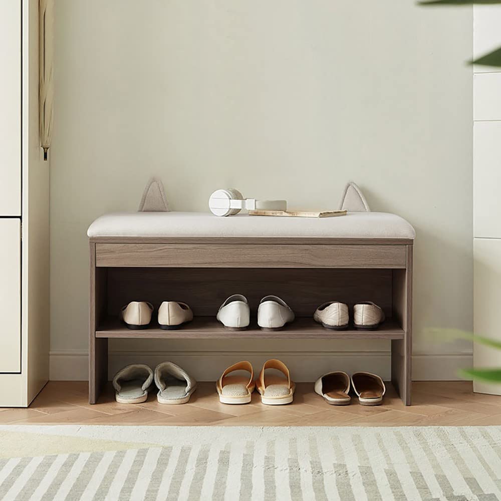 Design peu encombrant pour ce banc de rangement en bois et étagère de couloir