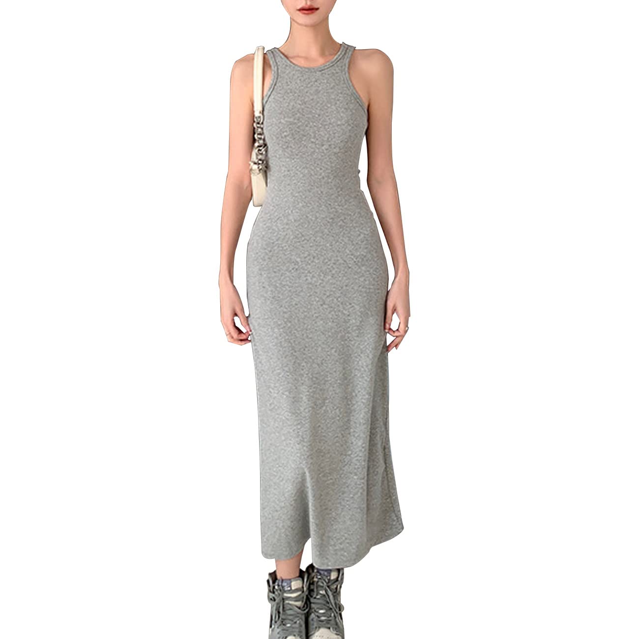 QKEPCY Vestidos Casual para Mujer Sin Mangas Dress Largo A-línea Vestido Escote sin Respaldo Redondo Elegante Vestido de Fiesta