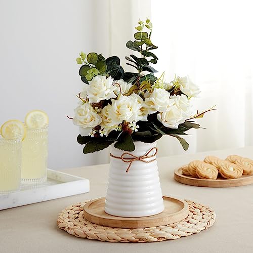 Farmlyn Creek White Roses Flower Vase, Silk Artificial Flowers Arrangement With Ceramic Pot thumb #1
