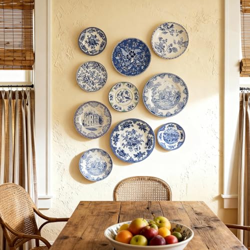Yiyiring 10 Pcs Holland Wall Sculpture Plates for Wall Ceramic Vintage Blue and White Plates Set Vintage Dinnerware Set Dining Gifts Display Home Bedroom Office Art Ornament (Retro)