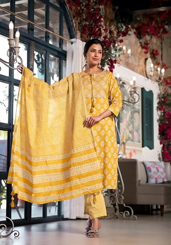 Image of MIRCHI FASHION Women's Straight Fit Cotton Ethnic Block Motif Printed Kurta Set with Dupatta and Trouser