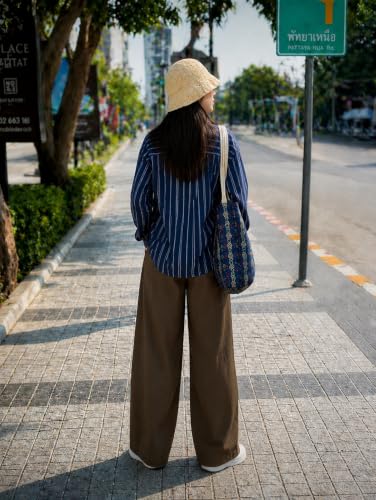 Image of CHICSTIT Women Cotton Wide Leg Trousers | Elastic Waist High Rise Palazzo Pants | Loose Fit /Straight Fit Casual Lounge Pants with Pockets