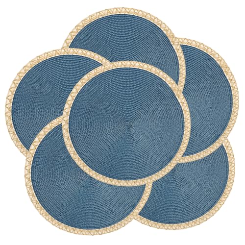 fanquare Manteles Individuales Tejidos Redondos Juego de 6 Manteles Individuales Azules con Ribete Dorado 34cm Salvamanteles Rústicos Resistente al Calor para Cocina Hogar Fiesta