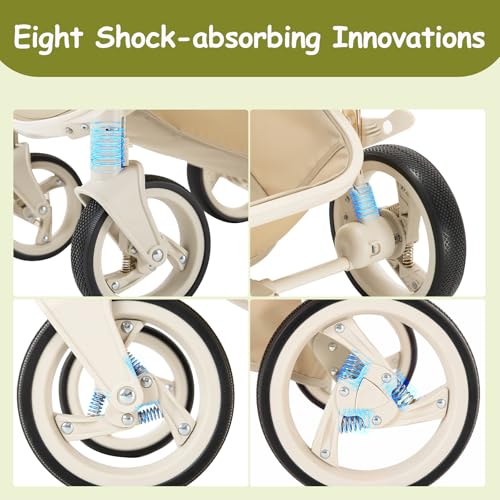 Gcarebb Leather 3 in 1 Pushchair, City Strollers with Car Seat, Portable One-Click Folding Walking Stick Stroller, Landscape Combined Strollers High Aluminium Frame for Newborn 0-4 Years - Image 2