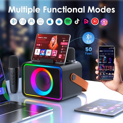 Karaoke Machine,Portable Bluetooth Speaker with 2 Wireless Microphone for Adults & Kids with LED Lights, Karaoke Microphone with PA System Supports USB/TF/AUX,Gift for Party (Black)