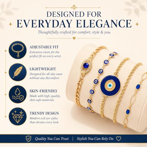 Image of Gold Plated Evil Eye Bracelet Set for Women and Girls, Adjustable Blue Nazar Protection Stackable Chain Bracelet Combo, Crystal Fashion Jewellery, Set of 5