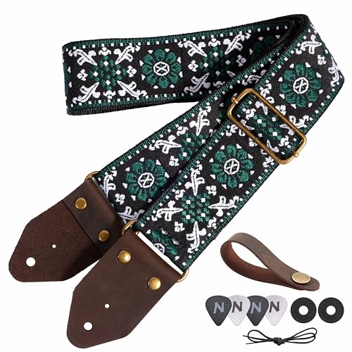 Nefelibata Guitar Strap,Jacquard Embroidery Cotton Guitar Straps with Crazy Horse Leather Ends for Bass Electric & Acoustic