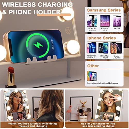 Hansong Lighted Vanity Mirror With Bluetooth And Wireless Charging Makeup Lights 9 Dimmable Bulbs 3 Color Lighting Tabletop (White) #TOP2