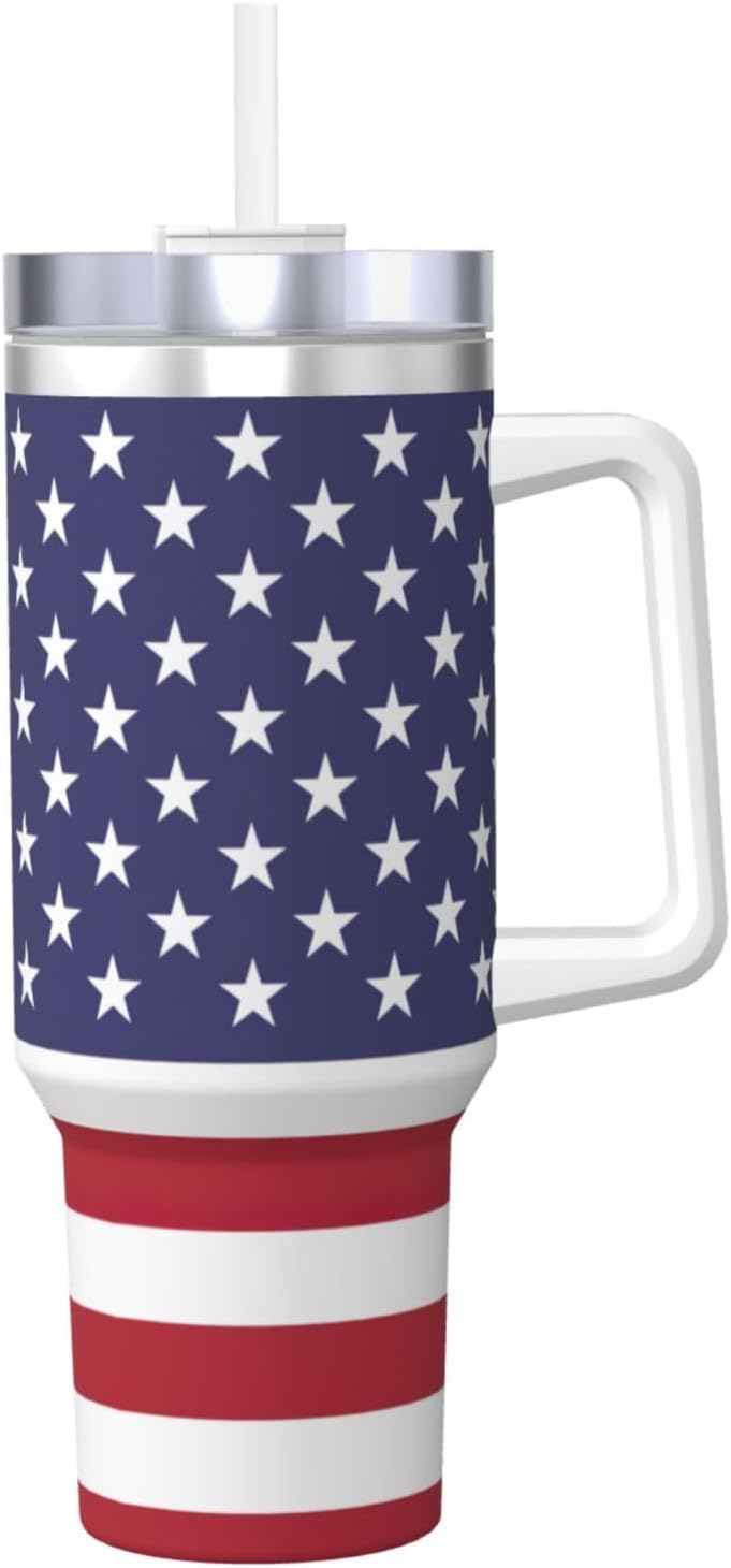 40 OZ American flag Print Ice Bully Cup with Handle Straw Lid Straw,Stainless Steel Tumbler Coffee Cup