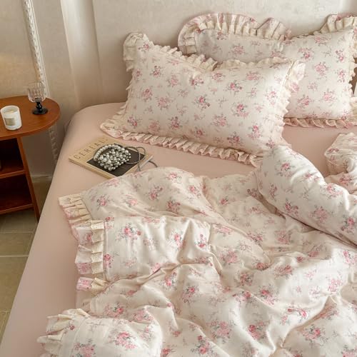 Image of VM VOUGEMARKET Lace Ruffled Duvet Cover Set Twin,Vintage Pink Rose Flower Bedding Set,Double-Layer Gauze Cotton Soft,Breathable & Lightweight for Girls-68 x86