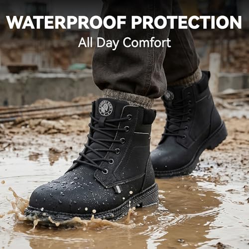 Image of ANGRYRAM Steel Toe Work Boots Waterproof & Slip Resistant for Men Women | ASTM Standard Safety Shoes, Width Option, Anti-puncture Midsole, Non-silp Rubber Outsole, Arch Support, For Work & Outdoors