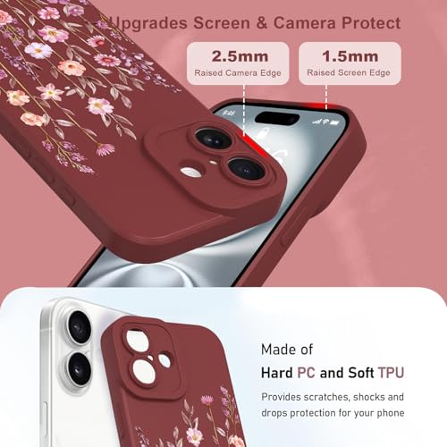 Image of Designed for iPhone 16 Case Flower for Women Girls, Wine Red | Cute Floral Pattern Liquid Silicone Phone Case [Full Camera Protection] Slim Soft TPU Protective Cover