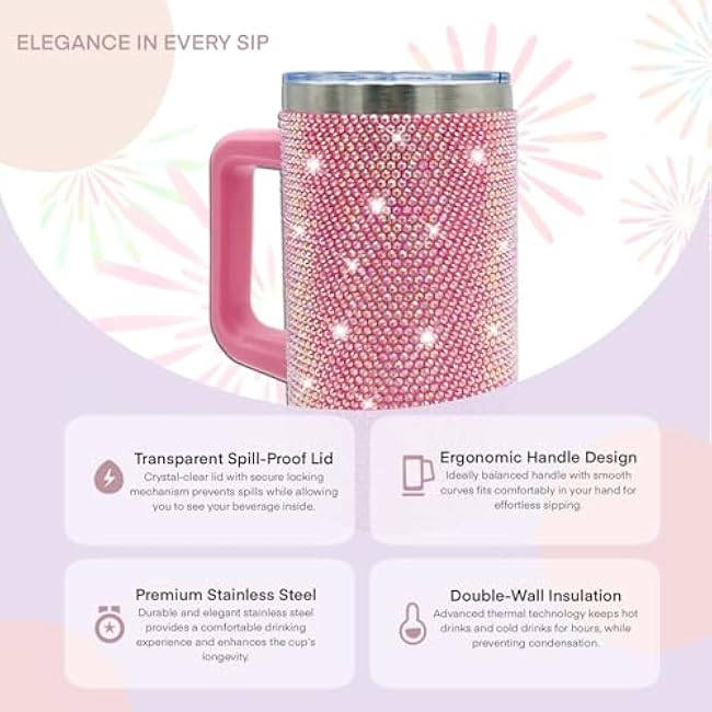 20oz Bling Tumbler With Handle Stainless Steel Rhinestone Insulated Cup with Lid and Straw Double Wall Vacuum Coffee Cup Reusable Glitter Travel Coffee Mug for Cold and Hot (Pale Pink)