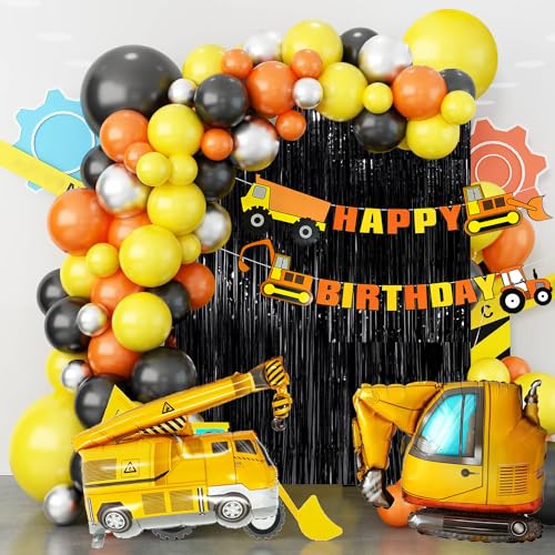 Image of Rozi Decoration Construction Theme Birthday Party Decoration Kit, 56 Pieces, Includes Happy Birthday Banner, Foil Balloons, Latex Balloons, Curtain, Yellow Orange Black