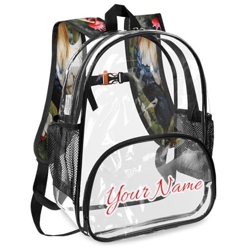Personalized Large Clear Backpack Stadium Approved Heavy Duty PVC Plastic Custom Transparent Backpacks See Through Bag with Name, Rooster Spring Flowers2
