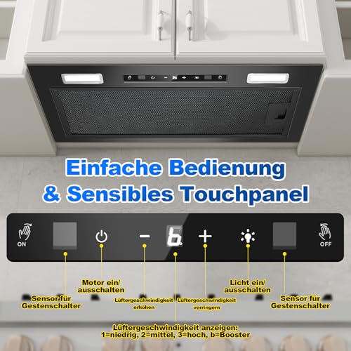 KICHPOWER Einbau Dunstabzugshaube 52cm, 750m³/h, Dunstabzugshaube Abluft/Umluft, Schwarz Abzugshaube, Gestensteuerung & Touch, 3 Leistungsstufen und Booster, mit Aktivkohlefilter und Rauchrohr