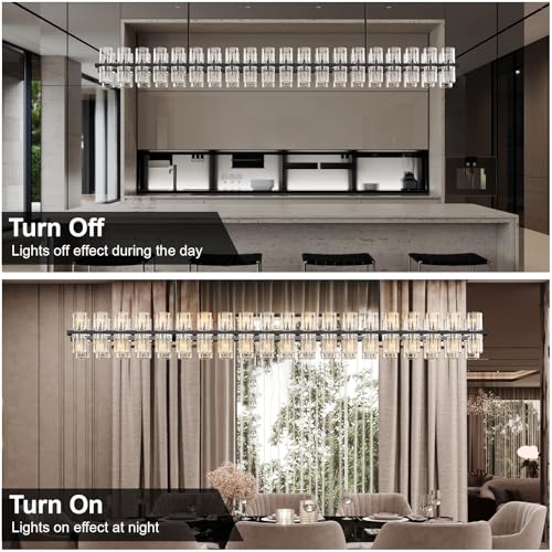 Image of Crystal Black Rectangular Chandelier Light Fixture,72 in Large Dining Room Chandelier Over Table,Modern Chandeliers for Living Room,Arcachon Chandeliers,Kitchen Island,Includes 80xG4 Bulbs
