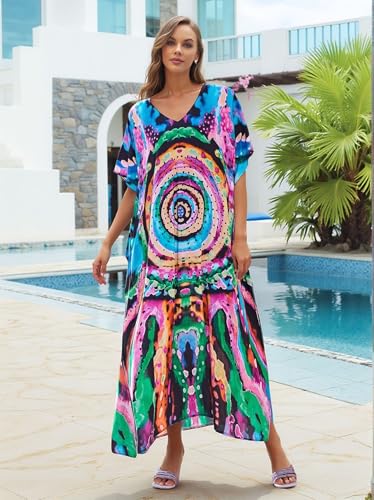 Image of IMAGEKOPE Kaftan Dresses for Women Plus Size Bathing Suit Cover up Vneck Batwing Dress Loose fit Moroccan Caftan mumu Dresses