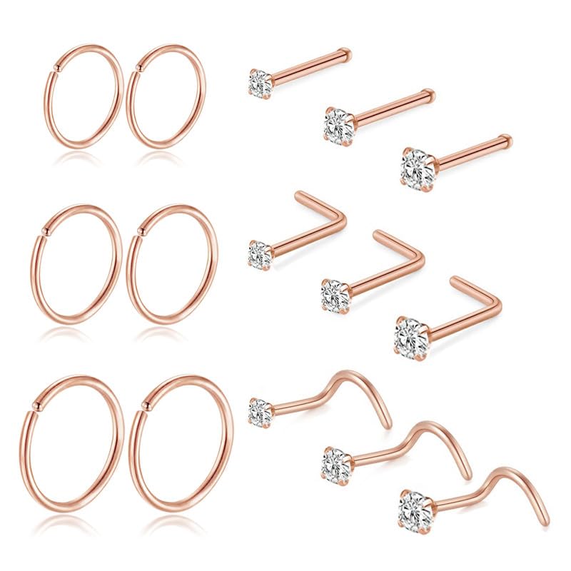 Titanium Nose Rings Hoops Studs 20G 15PCS L Shaped Screw Bone Nose Studs 1.5mm 2mm 2.5mm Cubic Zirconia Small Silver Black Gold Nose Ring Studs Hypoallergenic Nose Piercing Jewelry for Women Men(Rose Gold)