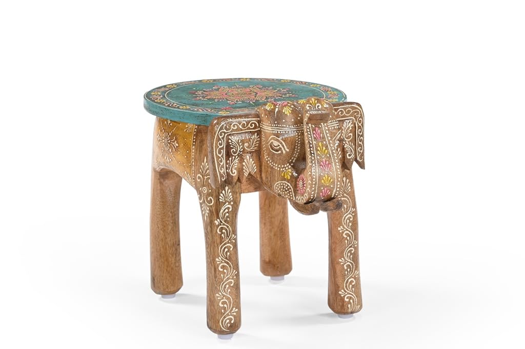 iAnanas vormontiert einsatzbereit Orientalischer Beistelltisch | Indische Deko Möbel, Massivholz, Handarbeit – Bunter Elefant Tisch im Boho & Vintage Stil (41 × 29 × 30 cm)