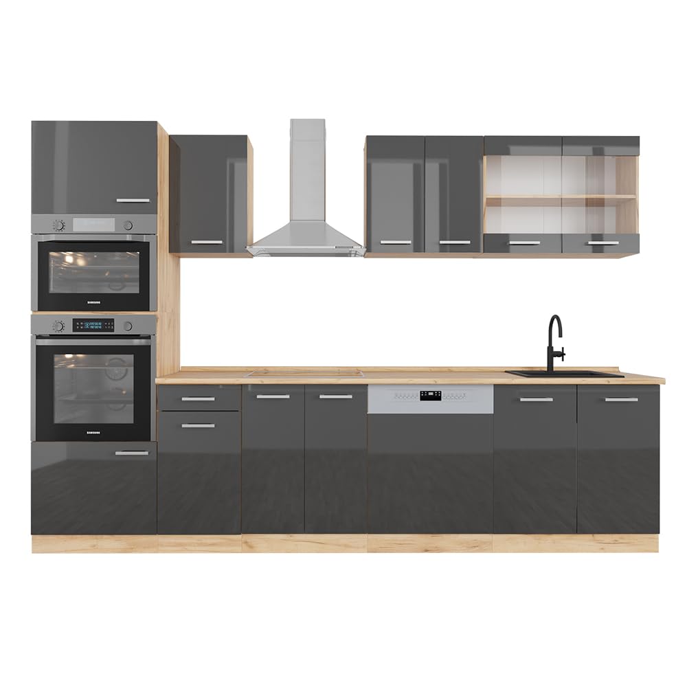 Vicco Cucina componibile R-​Line, Antracite lucido/​oro power oak, 300 cm con armadio alto, senza piano di lavoro, per l'espansione personalizzata tramite moduli aggiuntivi compatibili