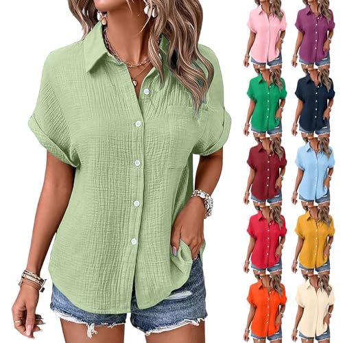 Musselin Bluse Damen Shirt Kurzarm Leinenhemd Baumwolle Leinenbluse Damen Sommer V-Ausschnitt Hemdbluse Elegant Einfarbig Longbluse Button Down Tshirt mit Taschen (001-Light Green L)