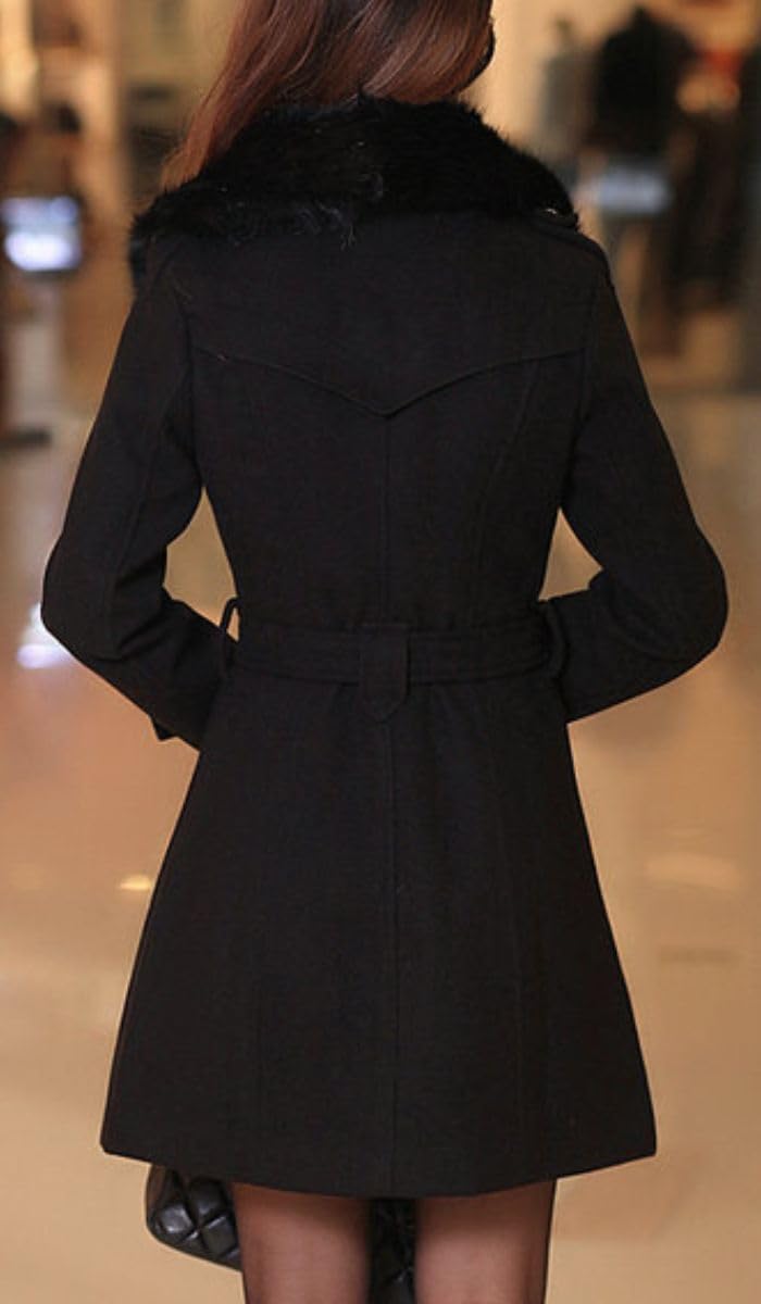Cappotto Invernale Lungo da Donna Elegante Doppiopetto di Media Lunghezza con Collo in Pelliccia Sintetica Maniche Lunghe con Cintura Trench Invernale