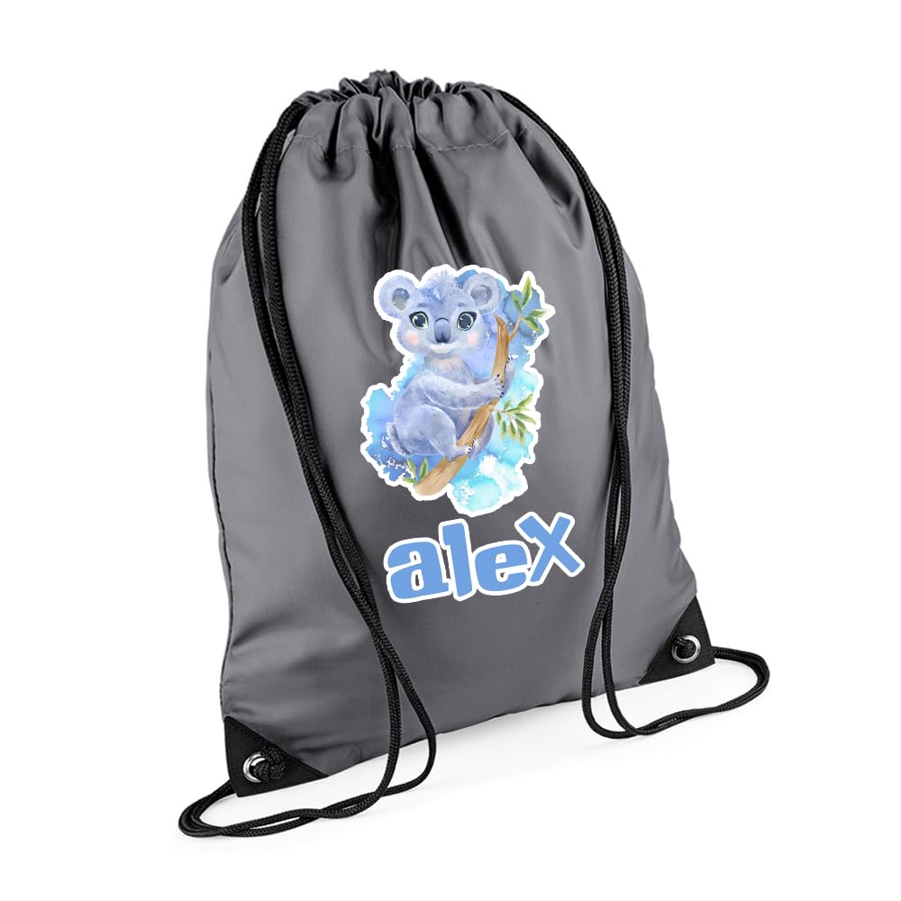 Personalized Cute Watercolour Koala Drawstring Bag for Kids, Back to School, Waterproof Sports Backpack, PE Kit Bag, Gym and Swimming Bag, Sport Rucksack. (Graphite Grey)